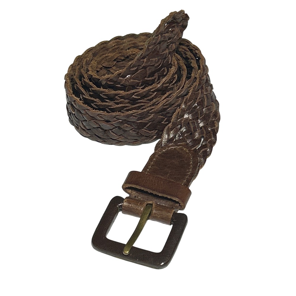 Covered Buckle Dark Brown Braided Leather Belt Woven Adjustable Strap Up to 47"